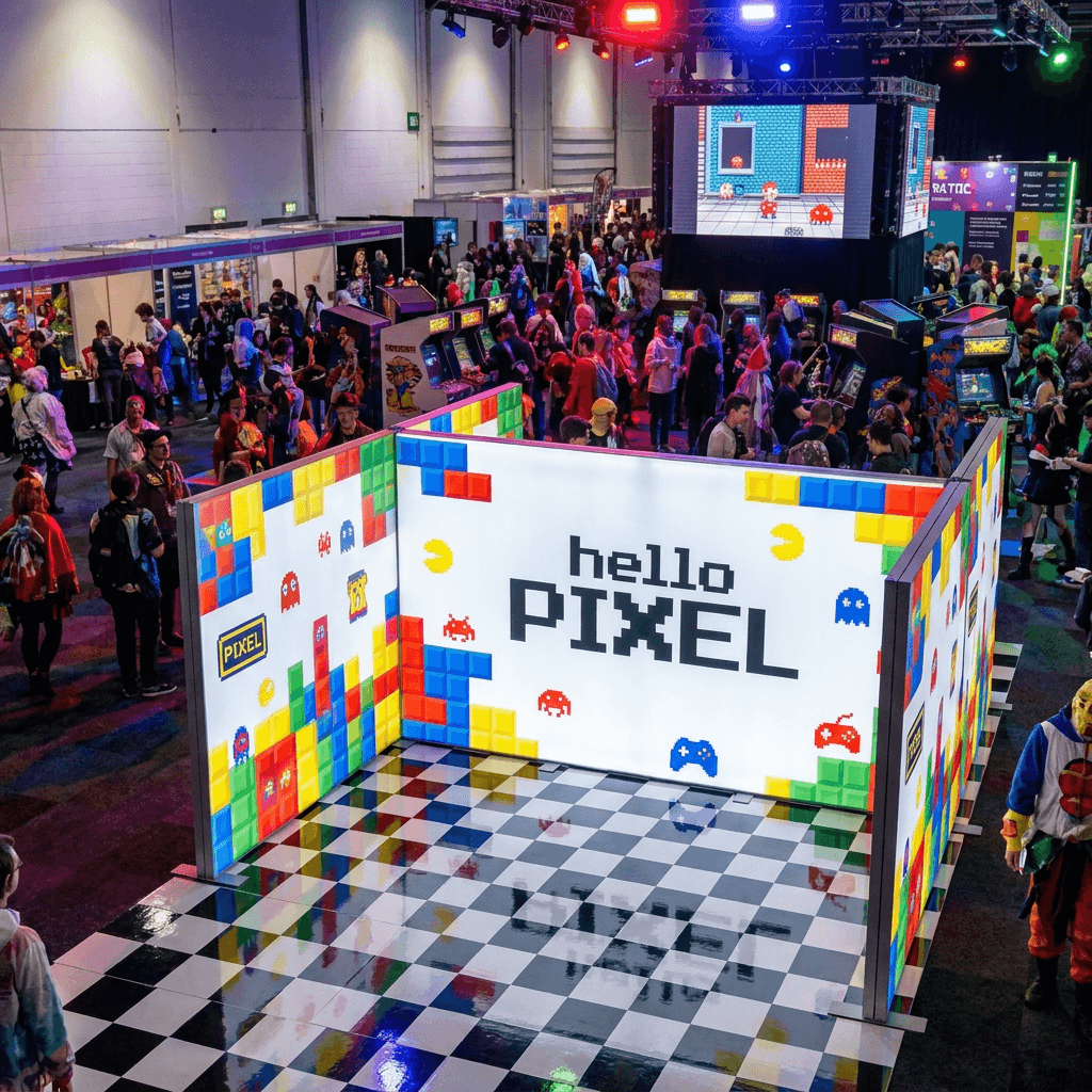 SEG lightbox booth Type 2 — 5-panel backlit exhibition booth, left 45-degree angle view