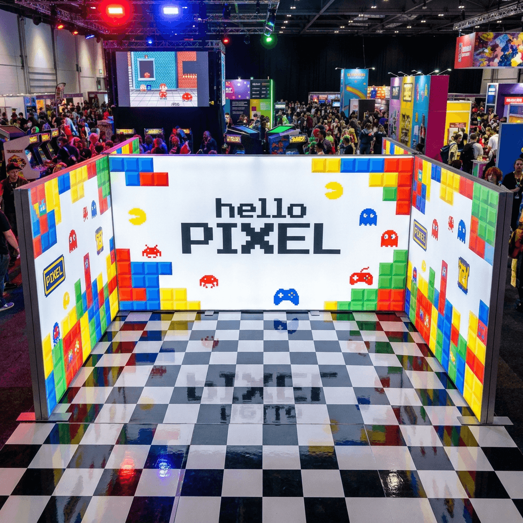 SEG lightbox booth Type 2 — 5-panel backlit exhibition booth, low angle view showing LED illumination
