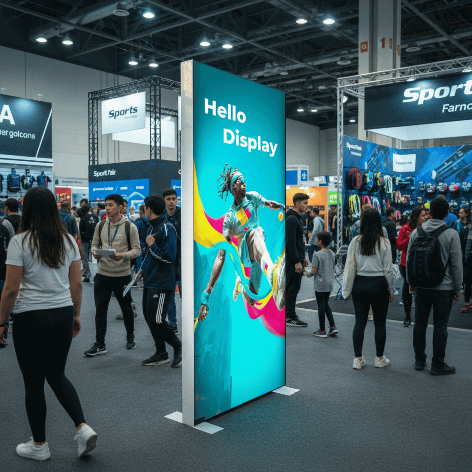 SEG Display lightbox stand banner at a trade show with people around