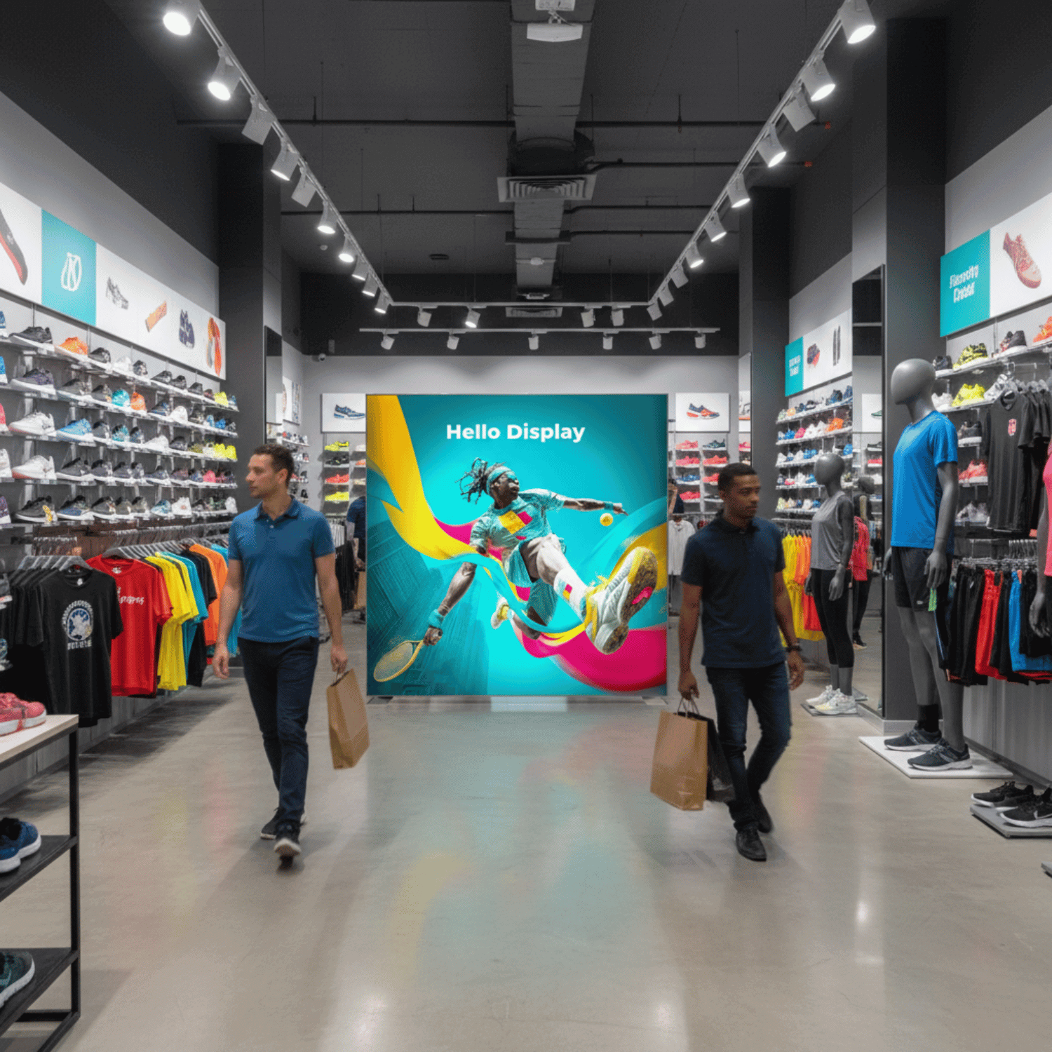 Shoe retail store interior with colourful seg lightbox display and people walking around