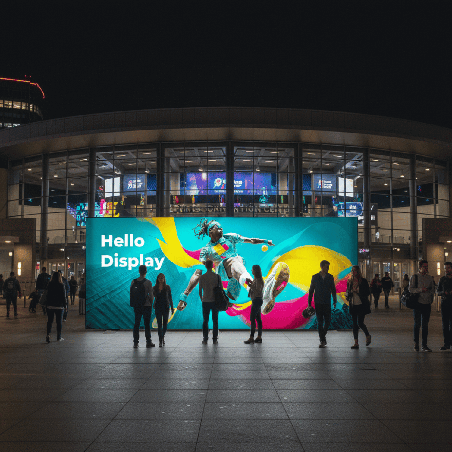 People walking in front of a large SEG display lightbox with a colourful sports advertisement.