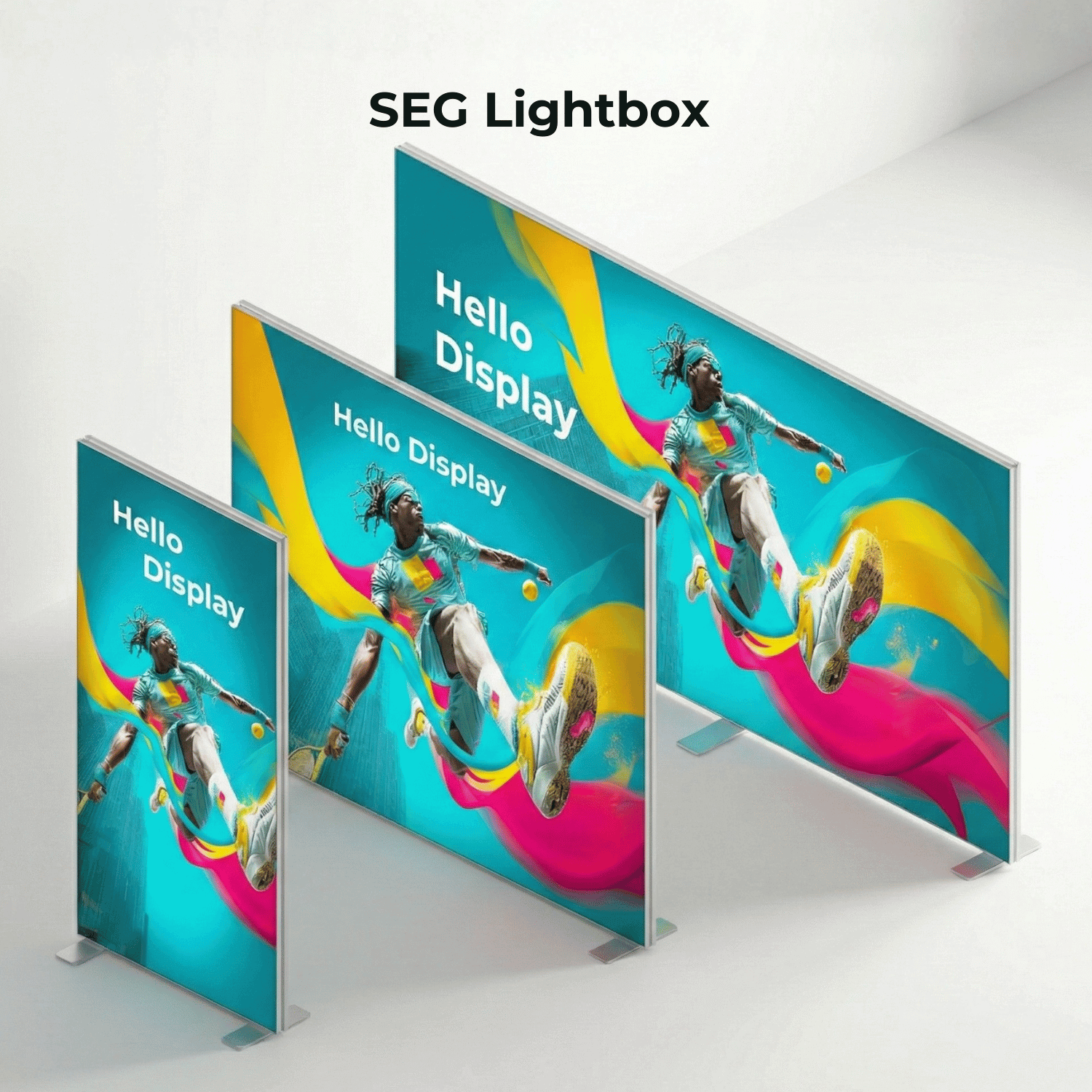 SEG Lightbox display in multiple sizes with colourful design and 'Hello Display' text on a white background