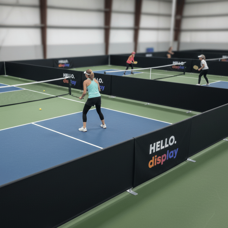 play pickleball indoor sport court hello display divider barrier fabric stand