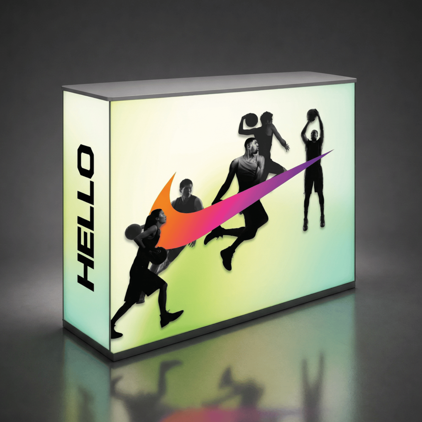 SEG lightbox counter with backlit branded fabric panel — front view