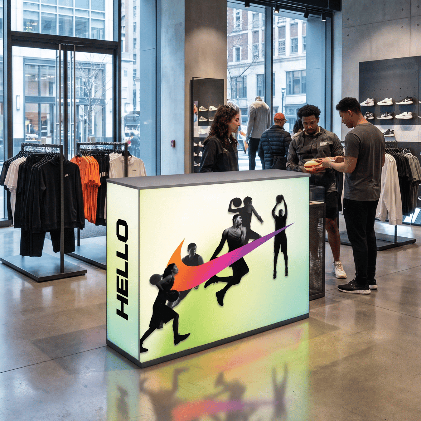 SEG lightbox counter — 45-degree angle view showing illuminated display and MDF top surface