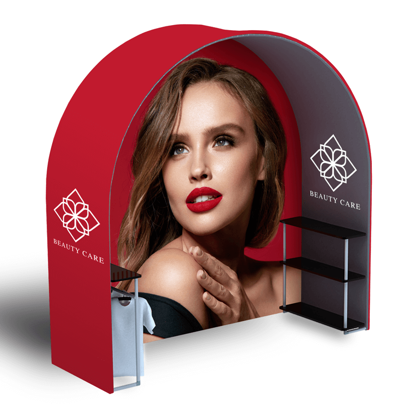 Round Arch portable Tension Fabric Display with 3 Layer Racks full view trade show exhibition